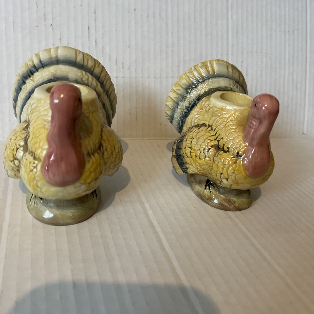 Treasure Masters VTG Ceramic Turkey Thanksgiving Taper Candle Holders Korea Pair